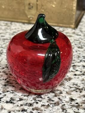 Art Glass Red Apple Applied Green Leaf Stem